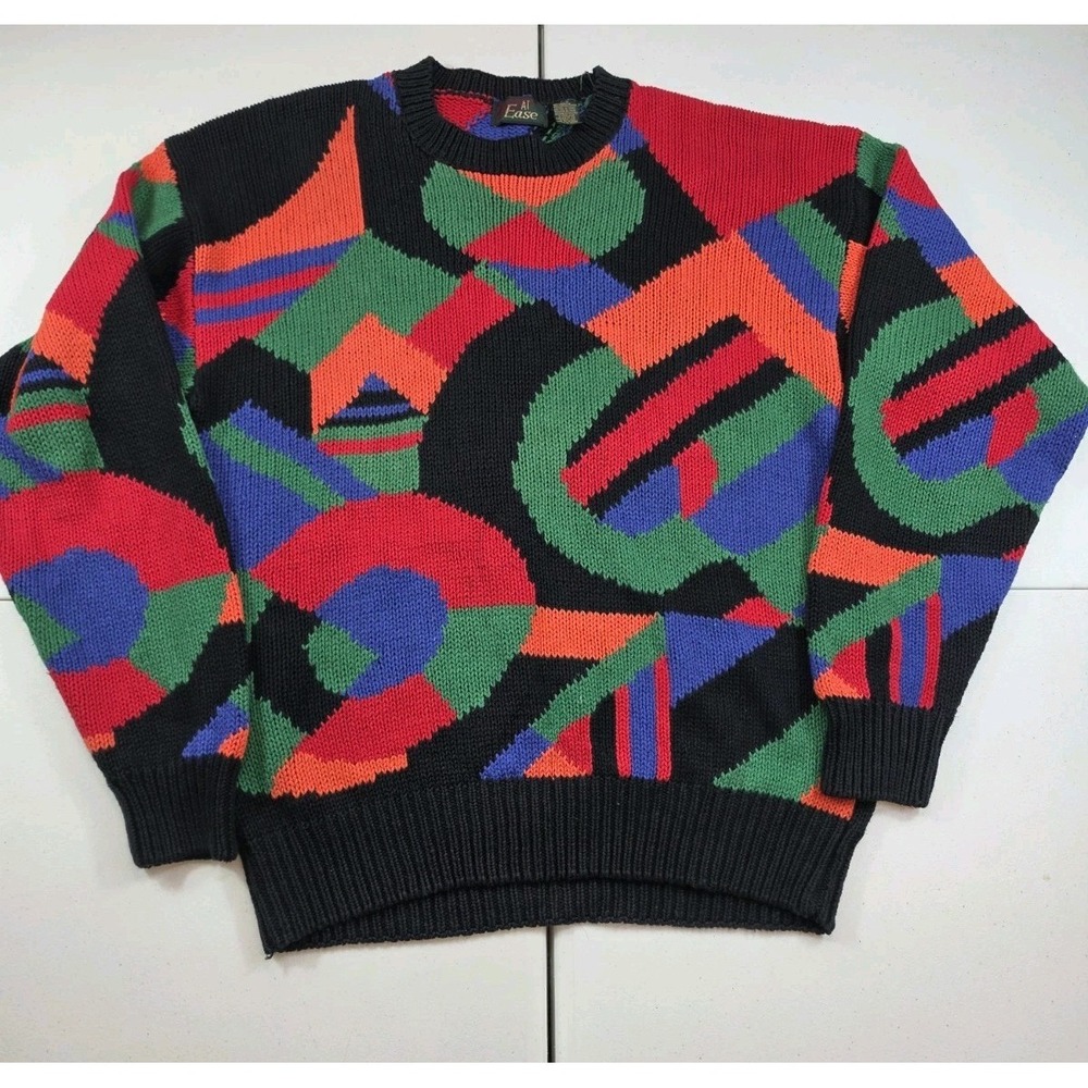 Vtg 90s At Ease Abstract Geometric Sweater L Linen Blend Black Colorful Retro